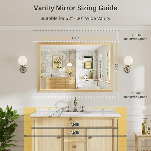48x32 Inch Bathroom Mirror for Wall, Anti-Rust Oak Wood Grain Metal Framed - Image 2