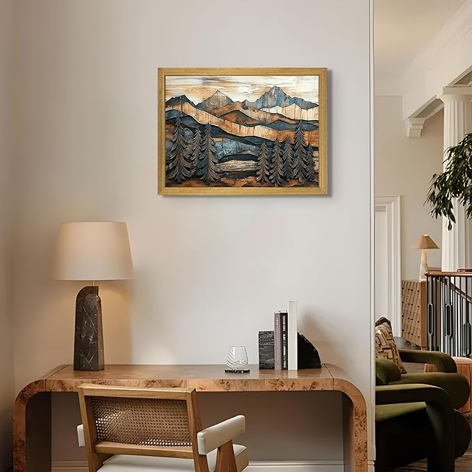 Vintage Boho Mountain Wall Art, Framed Landscape Canvas Wall Art, Nature Forest - Image 7