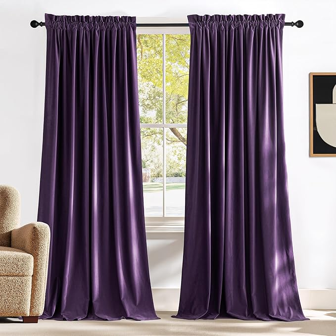 NICETOWN Purple Velvet Blackout Curtains 96 inches Long, Solid Heavy Matt Rod by NICETOWN
