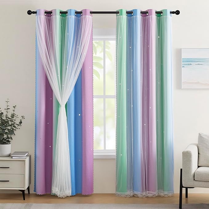 XiDi Blue & Rainbow Curtains for Bedroom & Kids Room by Addsomecolortolife