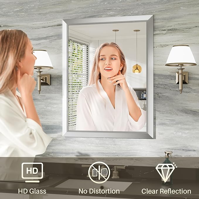 24x32 Inch Brushed Silver Bathroom Mirror - Image 4