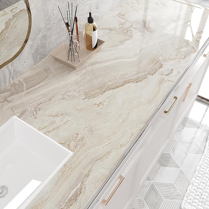 VEELIKE Glossy Beige Gold Liquid Marble Contact Paper - Image 2