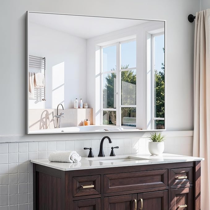 KOCUUY Silver Framed Mirror, HD Tempered Glass, Anti-Rust Brushed Silver Frame by KOCUUY
