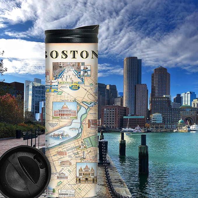 Xplorer Maps Boston Map 16 Oz Travel Drinkware with Spill-Resistant Lid - Stainless Steel Vacuum Insulated Coffee Tumbler