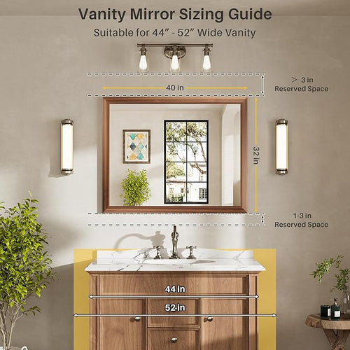 40x32 Inch Bathroom Mirror for Wall, Anti-Rust Walnut Wood Grain Metal Framed - Image 2