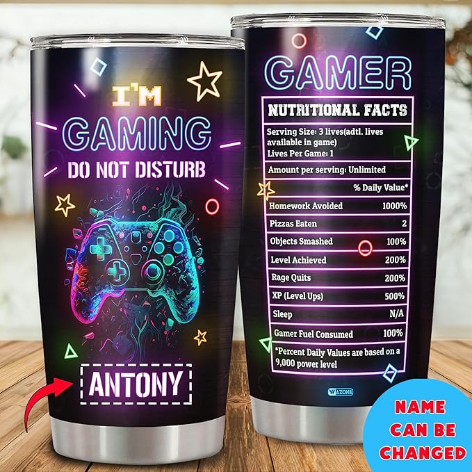 WAZONE Personalized Gamer Tumbler Nutrition Facts Customized Gaming Insulated Cup Stainless Steel 20oz 30oz Travel Mugs Birthday Christmas Presents for Video Game Lovers Pro Gamers Men Women