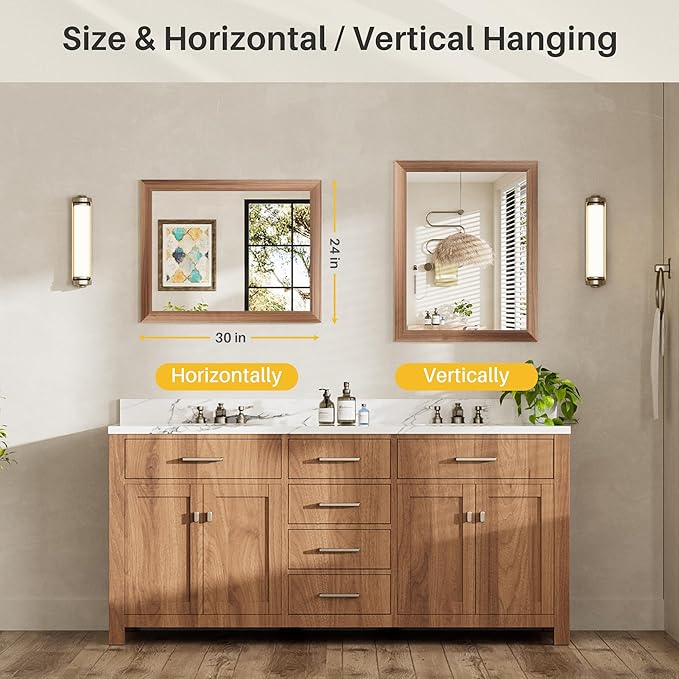 24x30 Inch Bathroom Mirror for Wall, Anti-Rust Walnut Wood Grain Metal Framed - Image 7