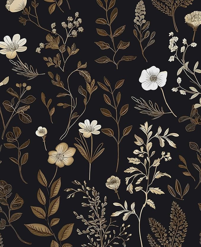 Extra Long Moody Floral Wallpaper Peel and Stick, 17.5In x 393In Black Dark by VOLEAARWALLPAPER