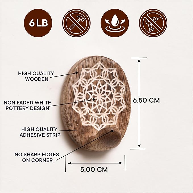 Indian Shelf 6 Lb- 3 Pieces Decorative Wood Adhesive Wall Hooks–Boho Peel and - Image 5