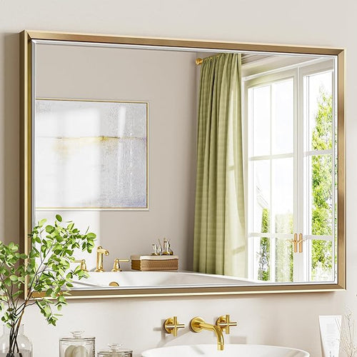 40 x 30 Gold Bathroom Mirror, Brushed Gold Beveled Bathroom Mirror, by QUEENFUN