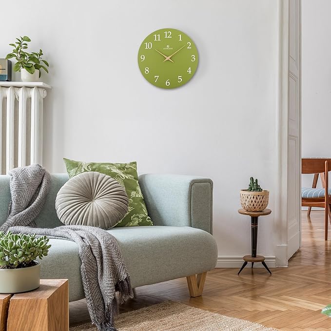 Lafocuse 12 Inch Wooden Olive Green Wall Clock Battery Operated Silent - Image 3
