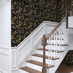 Dark Floral Peel and Stick Wallpaper, Vintage Leaf Pattern Black Gold Self - Image 8