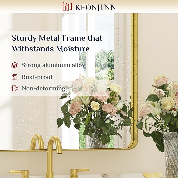 Keonjinn Gold Bathroom Mirrors for Over Sink 24 x 36 Inch Brushed Brass Metal - Image 8