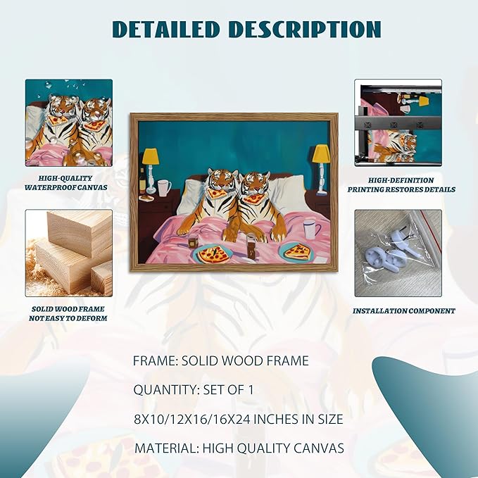 Framed Tiger Pizza Wall Art, Dopamine Wall Decor Canvas Print, Vintage Fun - Image 5