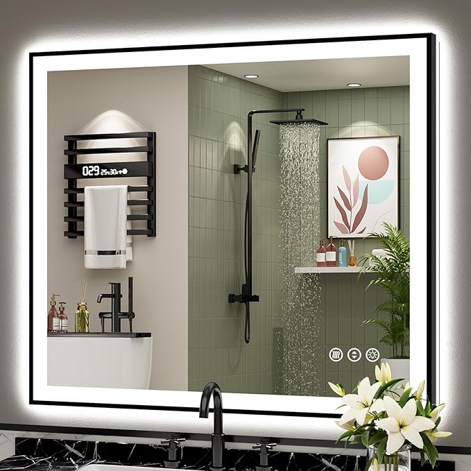 40x38 Black Framed LED Bathroom Mirror by Awandee