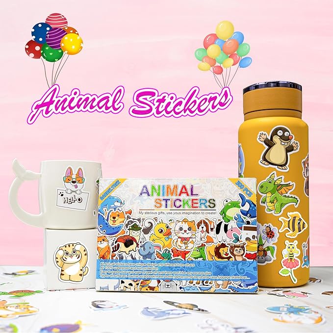 300 PCS Animal Stickers for Kids, Cute Waterproof Vinyl Stickers for Water Bottles, Laptops, Scrapbooks, and Classroom Rewards, Animal Cartoon Stickers Pack with Gift Box for Girls Boys Teens