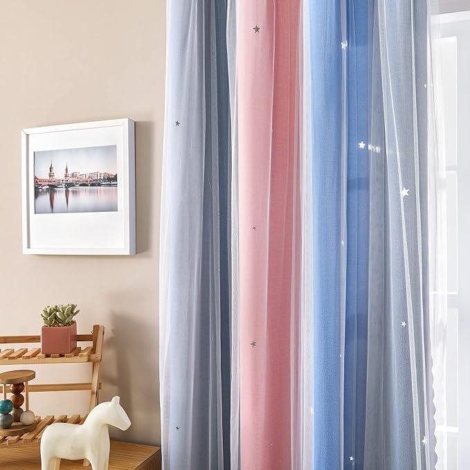 XiDi Curtains for Bedroom Decor, Rainbow PinkGreyBlue-34-45 - Image 3