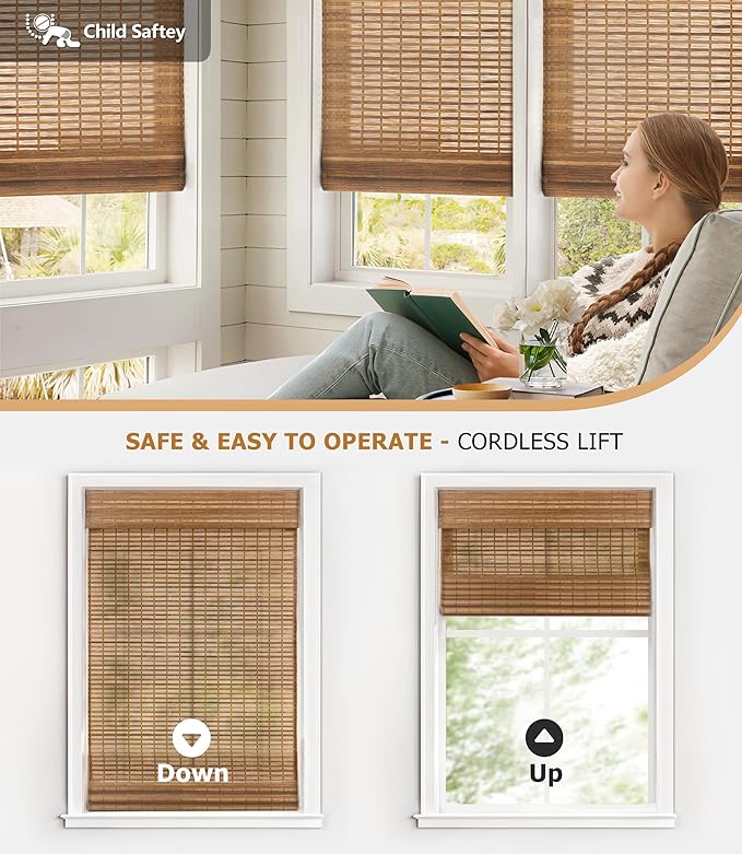 LazBlinds Cordless Bamboo Roman Shades, Custom Light Filtering Window Treatment - Image 3