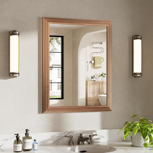 24x30 Inch Bathroom Mirror for Wall, Anti-Rust Walnut Wood Grain Metal Framed by Briivuemodernmirrors
