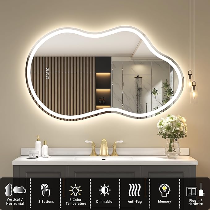 SMIROR Asymmetrical Led Bathroom Mirror 40x 24 inch, Irregular Cloud Lighted - Image 3