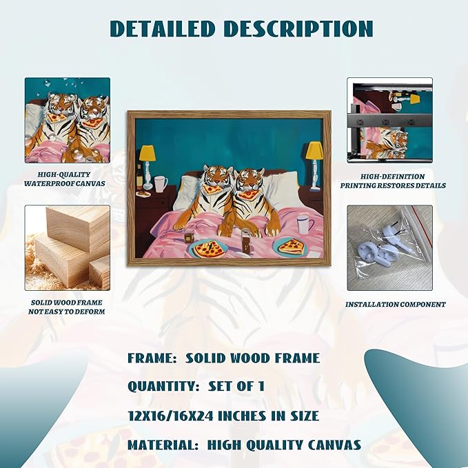 Framed Tiger Pizza Wall Art, Dopamine Wall Decor Canvas Print, Vintage Fun - Image 5