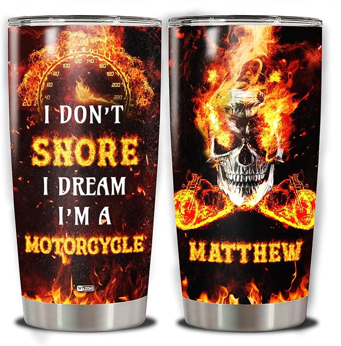 WAZONE Personalized I Don't Snore I Dream I'm A Motorcycle Tumbler Custom Name Insulated Cup 20oz 30oz Skull Stainless Steel Travel Mug Coffee Birthday Christmas For Men Boys Him