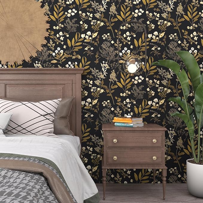 Laatse Black Gold Wallpaper Peel and Stick Dark Floral Wallpaper 17.5in x 118in - Image 4