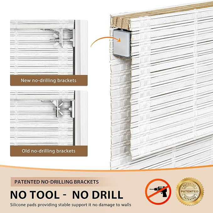 LazBlinds No Tools No Drill Cordless Bamboo Roman Shades, Light Filtering - Image 3