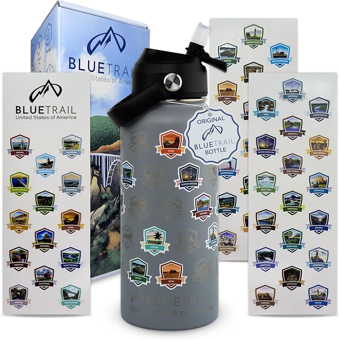 BlueTrail 50 States Water Bottle with Stickers - 32 oz Insulated Stainless Steel, Upgraded Leak-Proof Lid, UV & Waterproof Permanent Stickers, Laser Engraved 50 States of the USA (Slate Shadow)