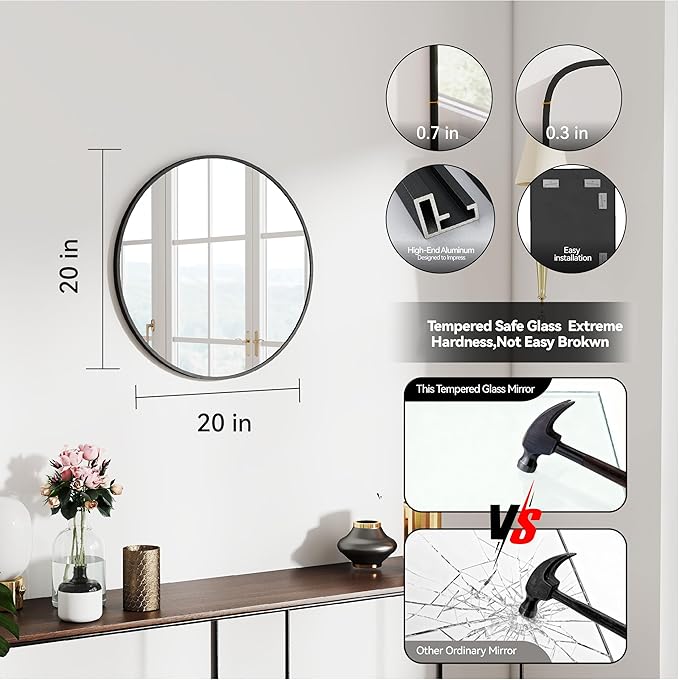 SCWF-GZ 20" Round Mirror Circle Wall Mounted Hanging or Against Wall Metal - Image 3