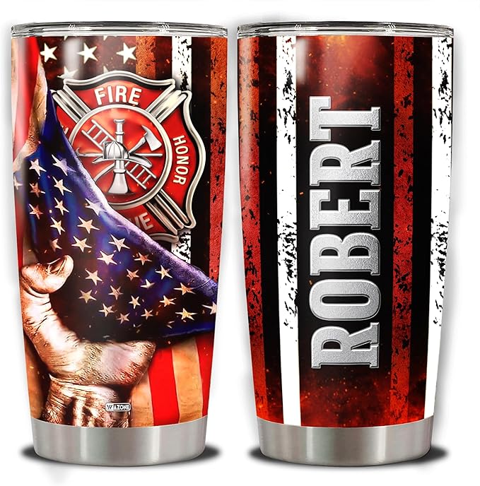 WAZONE Personalized Firefighter Tumbler With Lid Customize Name 20oz 30oz Travel Mug Double Wall Vacuum Stainless Steel Insulated Cup Novelty Birthday Christmas Gift for Man Father Fireman