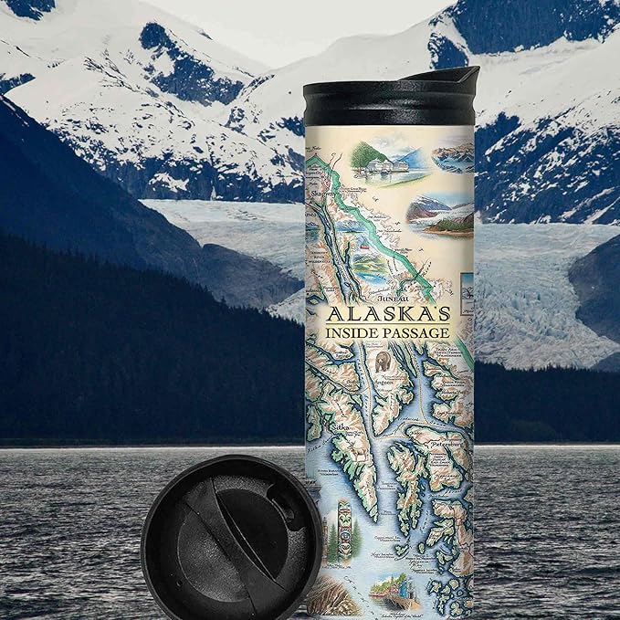 Xplorer Maps Alaska's Inside Passage Map 16 Oz Travel Drinkware with Spill-Resistant Lid - Stainless Steel Vacuum Insulated Coffee Tumbler
