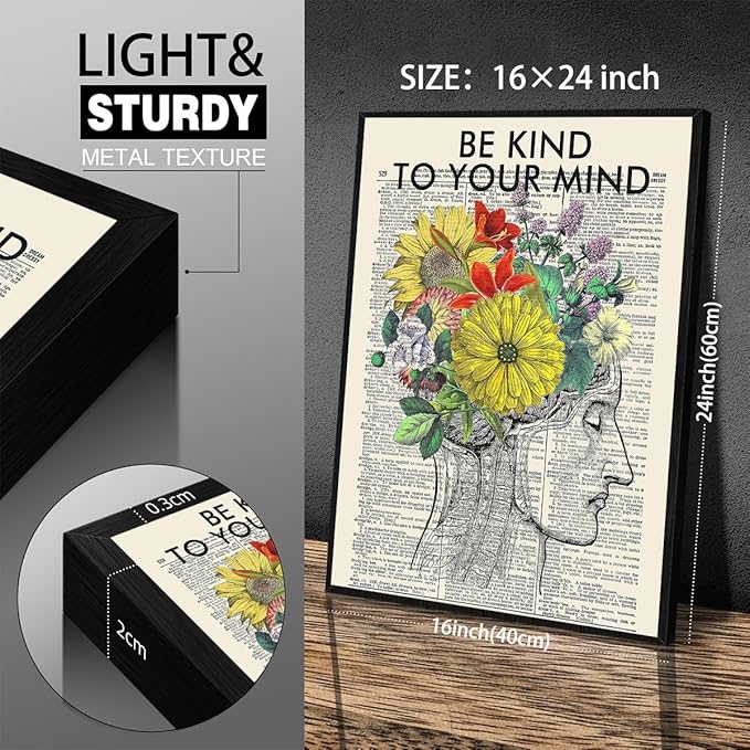 Be Kind To Your Mind Quote Poster Prints Mental Health Canvas Wall Art 16x24 - Image 2