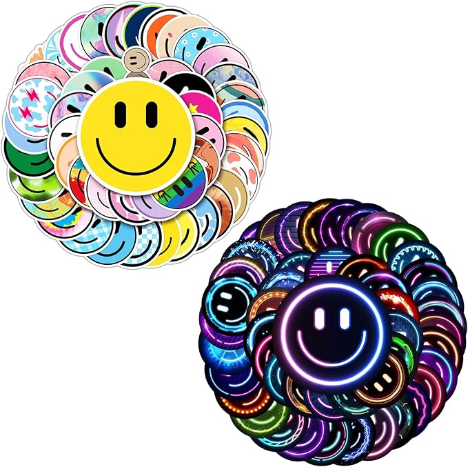 50PCS Smiling 50PCS Neon Stickers, Cute Water Bottle Stickers for Kids, for Teaching Rewards, Notebooks, Stationery, Luggage, Cartoon PVC Happy Stickers