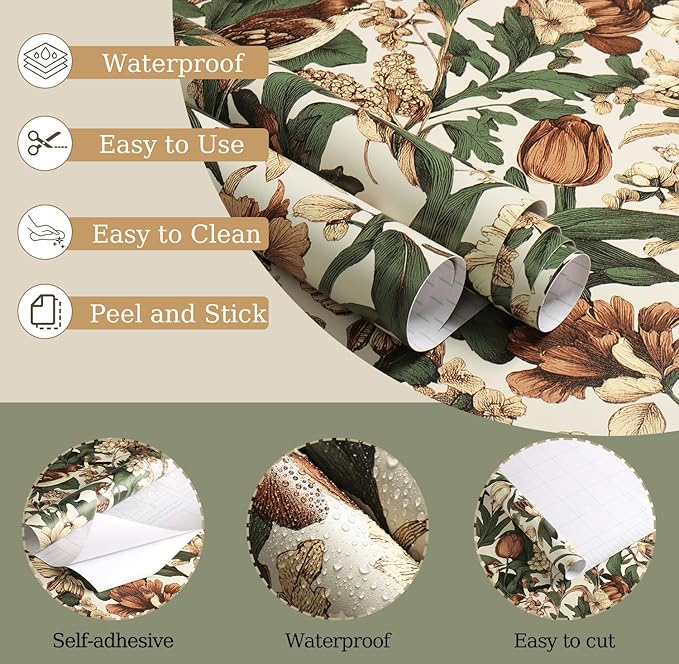 Erfoni 17.3" x118" Floral Birds Wallpaper Vintage Floral Peel and Stick - Image 5
