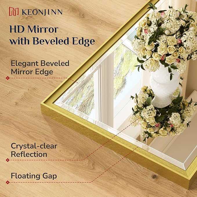 Keonjinn 30" x 36" Gold Bathroom Mirror, Beveled Edge Tempered Glass, - Image 3