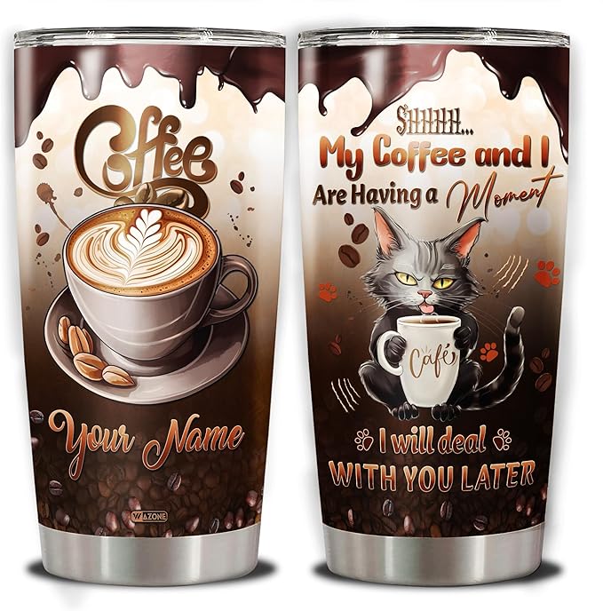 WAZONE Personalized Tumbler With Name 20oz 30oz Shh My And I Are Having A Moment Travel Mug Funny Customized Gifts For Cat Lovers Men Women Birthday Present Cute Animal Insulated Cup