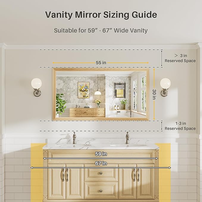 55x30 Inch Bathroom Mirror for Wall, Anti-Rust Oak Wood Grain Metal Framed - Image 2