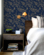 Froluya Dark Blue and Gold Vintage Floral Peel and Stick Wallpaper 17.7"x196.8" - Image 2