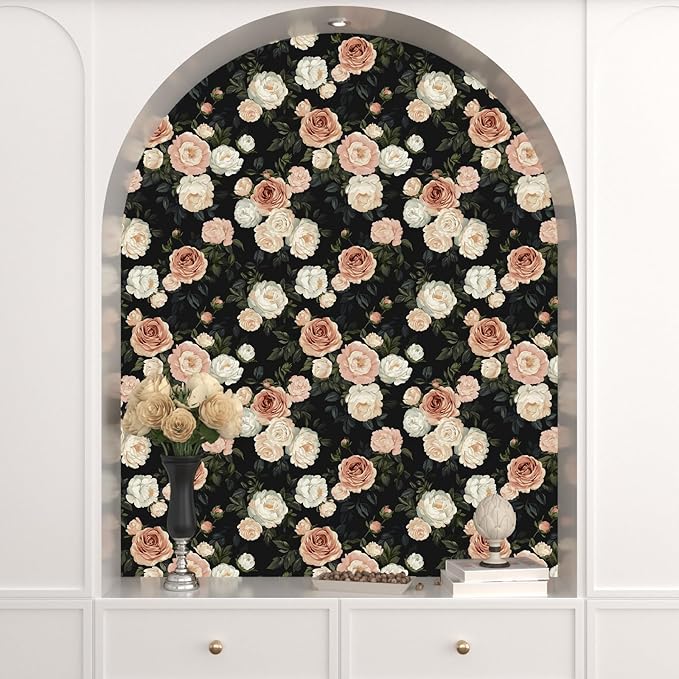 Pink White Rose Peony Wallpaper Peel and Stick Black Floral 17.5in x 393in - Image 7