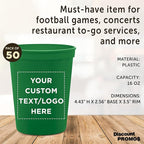 DISCOUNT PROMOS Custom Plastic Stadium Cups 16 oz. Set of 50, Personalized Bulk Pack - Perfect for Birthdays, Weddings, Picnic, Beach, Parties - Kelly Green