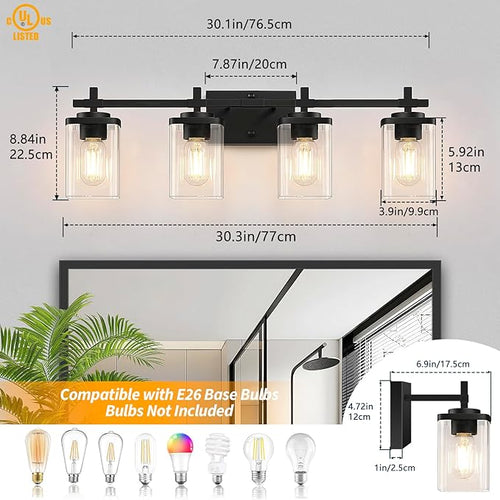 4-Lights Matte Black Bathroom Light Fixture, Modern Black Vanity Lights Over - Image 2
