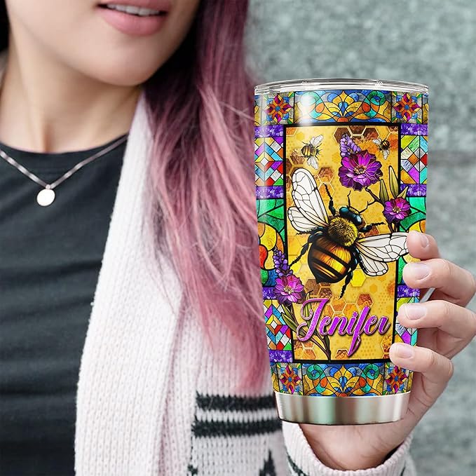 WAZONE Personalized Queen Bee Tumbler Customize Name Insulated Cup Stainless Steel Colorful Style Travel Coffee Mug With Lid 20oz 30oz Christmas Birthday Gifts For Animal Lovers Women Girls