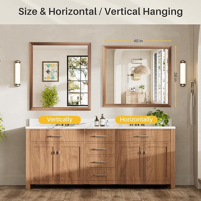 40x36 Inch Bathroom Mirror for Wall, Anti-Rust Walnut Wood Grain Metal Framed - Image 7