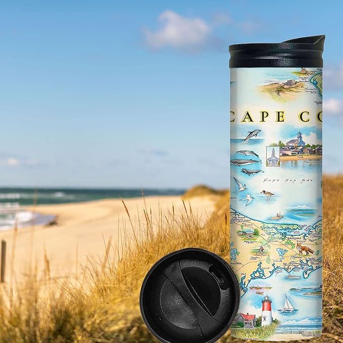 Xplorer Maps Cape Cod Map 16 Oz Travel Drinkware with Spill-Resistant Lid - Stainless Steel Vacuum Insulated Coffee Tumbler