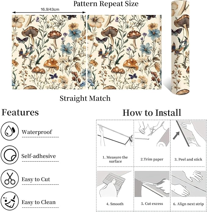 Froluya Mushroom Wallpaper Peel and Stick Vintage Floral Contact Paper 16.9" x - Image 5