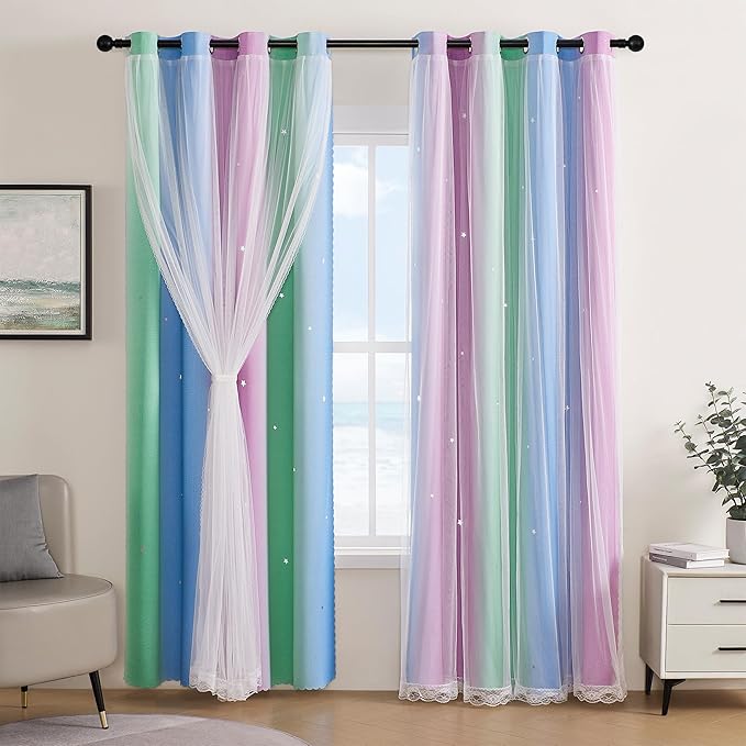XiDi Curtains for Bedroom Decor, Rainbow Green PurpleBlue34/96/1 by Addsomecolortolife