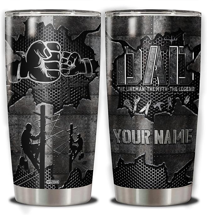 WAZONE Personalize Lineman Tumbler With Lid Custom Name Vacuum Insulated Cup Travel Mug Stainless Steel 20oz 30oz Gift Birthday Christmas Presents For Line Worker Father Dad Men Him