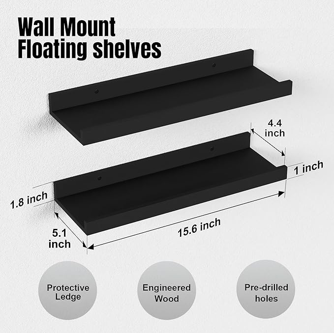 Boswillon Floating Shelves Wall Mounted Set of 2, Modern Black Wall Shelves - Image 3