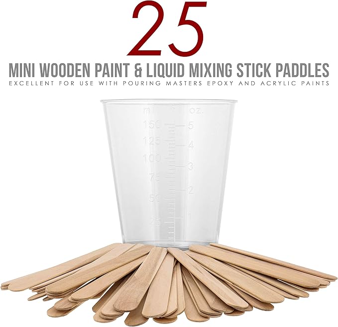 Pouring Masters 5 Oz (150 ml) Liquid Measuring Cups - Plastic Graduated Cup (50 Pack) with 25 Sticks - Reusable Mixing Cups for Paint, Craft, Kitchen, Lab, Medical Supplies, Epoxy Resin, Art